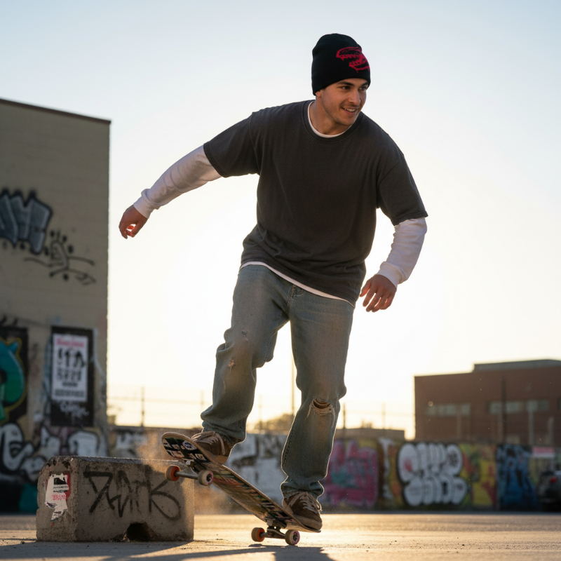 T-Rex beanie urban skateboarding lifestyle shot