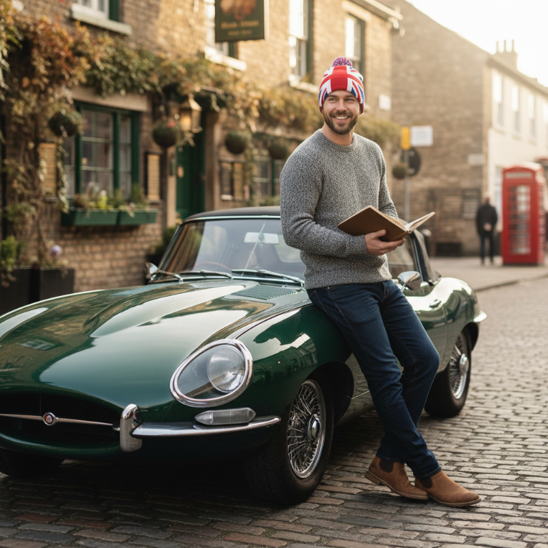 Union Jack beanie with British car