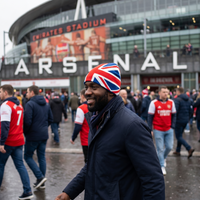 Man wearing a Union Jack beanie in front of Arsenal stadium