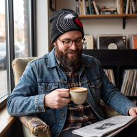 bearded guy wearing record beanie