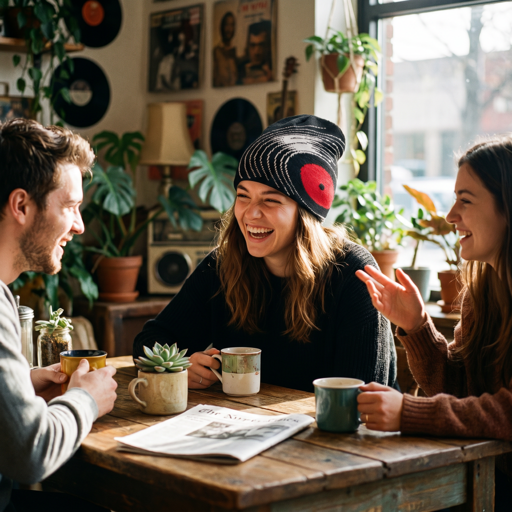 girl wearing record beanie